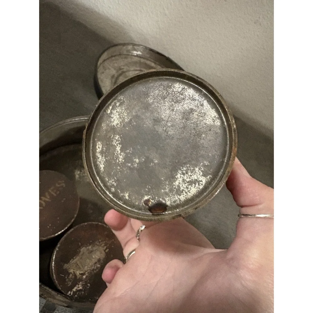 Antique Rustic Americana Spice Tin Canister Travel Set of 5 With Tin Carrier